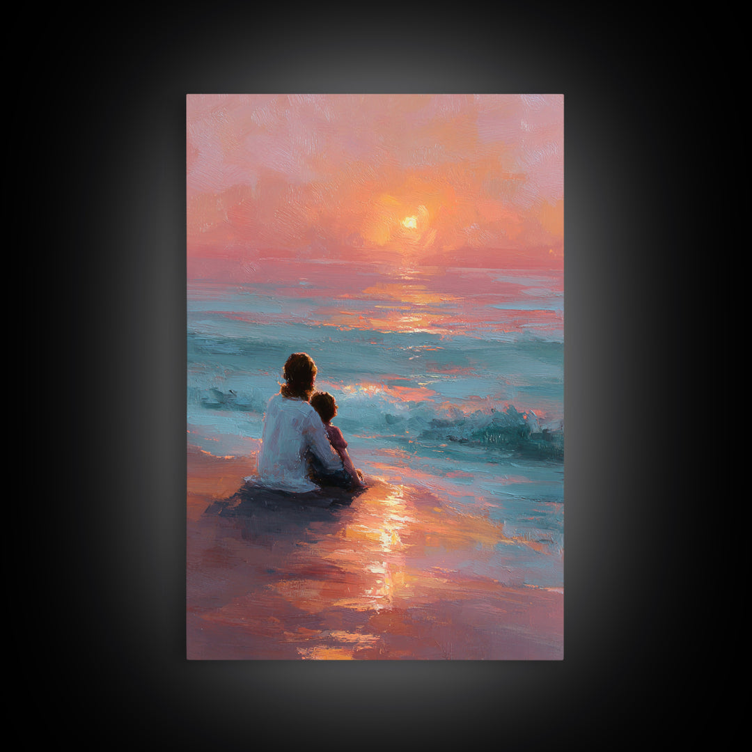 Mother And Child At Pink Ocean Sunset Wall Art, Coastal Beach Canvas Print, Nursery Decor, Mothers Day Gift, Living Room Decor