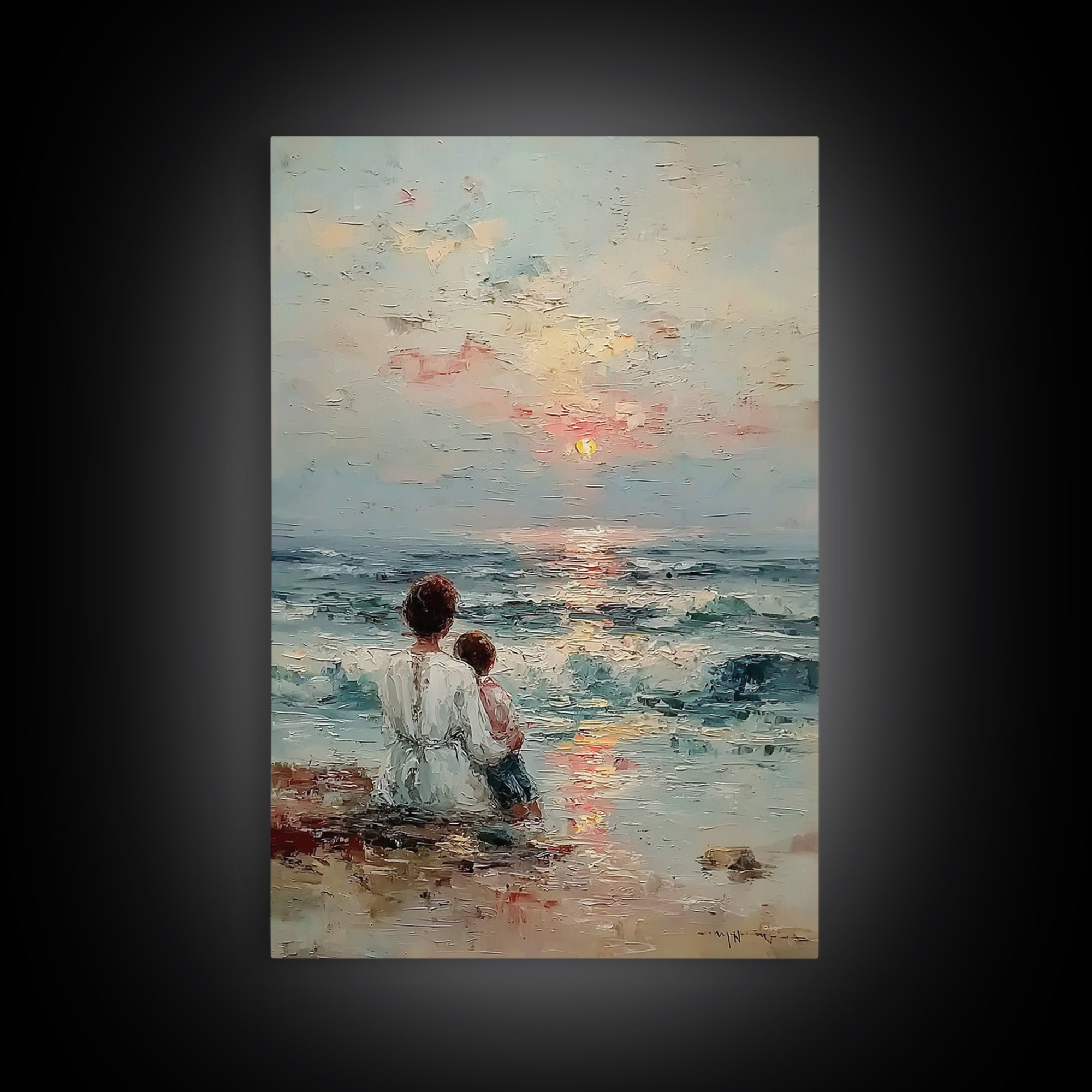 Mother And Child Watching Soft Ocean Sunrise Framed Canvas Print, Coastal Wall Art, Beach House Decor, Mothers Day Gift, Home Decor