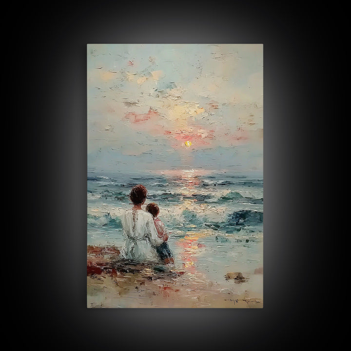 Mother And Child Watching Soft Ocean Sunrise Framed Canvas Print, Coastal Wall Art, Beach House Decor, Mothers Day Gift, Home Decor