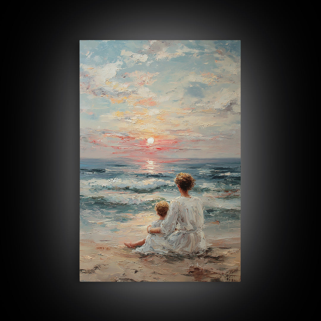 Mother And Child At Pale Seaside Sunrise Framed Canvas Print, Ocean Wall Art, Coastal Nursery Decor, Housewarming Gift, Home Decor