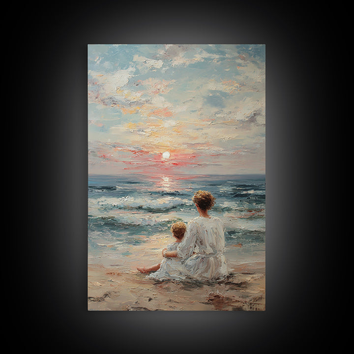 Mother And Child At Pale Seaside Sunrise Framed Canvas Print, Ocean Wall Art, Coastal Nursery Decor, Housewarming Gift, Home Decor