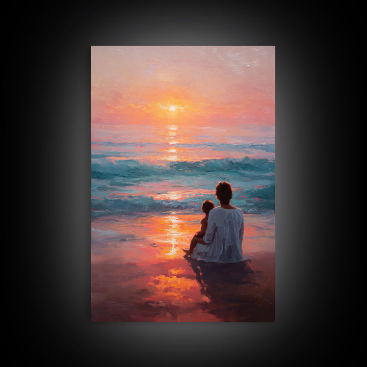 Mother And Child In Vibrant Sunset Surf Wall Art, Coastal Canvas Print, Ocean Beach Decor, Mothers Day Gift, Bedroom Decor