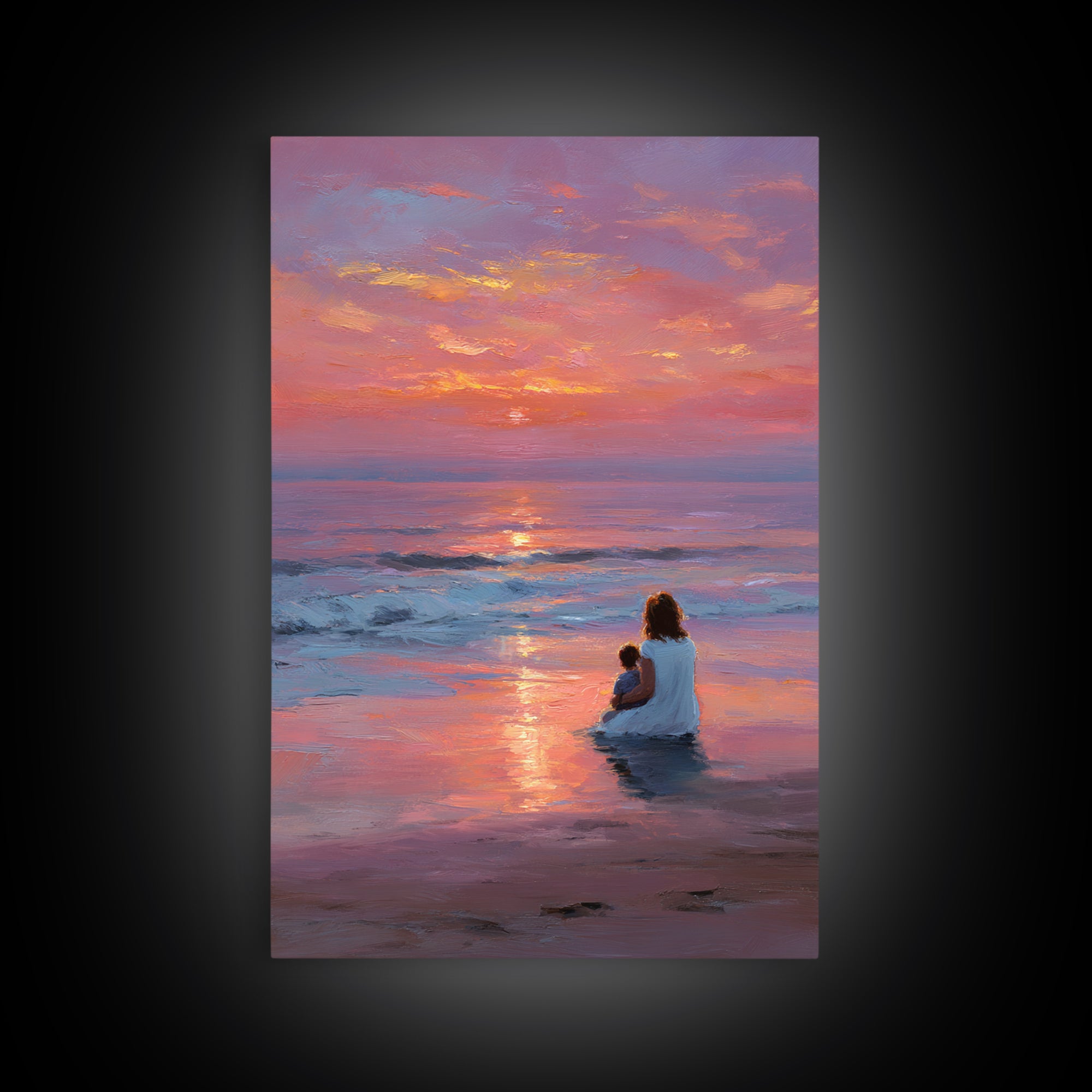 Mother And Baby In Pink Purple Ocean Sunset Canvas Print, Beach Wall Art, Coastal Bedroom Decor, Mothers Day Gift, Nursery Art