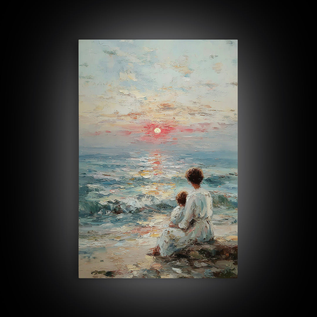 Mother And Child Watching Textured Sea Sunrise Framed Canvas Print, Coastal Wall Art, Beach House Decor, Living Room Art