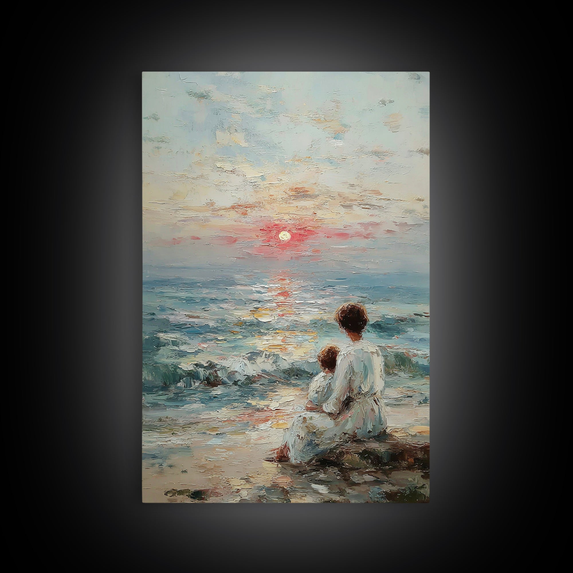 Mother And Child Watching Textured Sea Sunrise Framed Canvas Print, Coastal Wall Art, Beach House Decor, Living Room Art