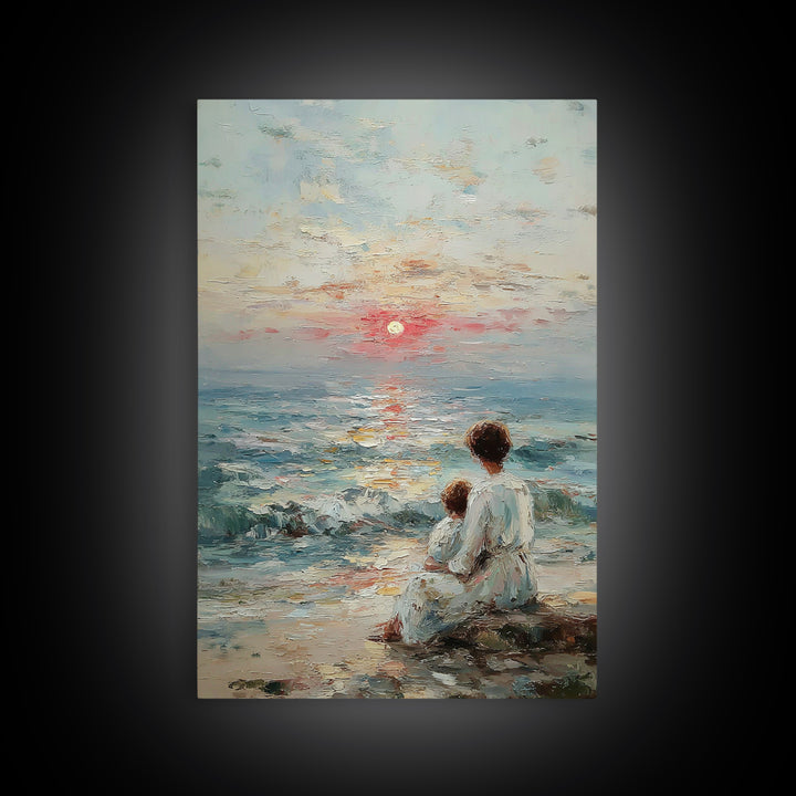 Mother And Child Watching Textured Sea Sunrise Framed Canvas Print, Coastal Wall Art, Beach House Decor, Living Room Art