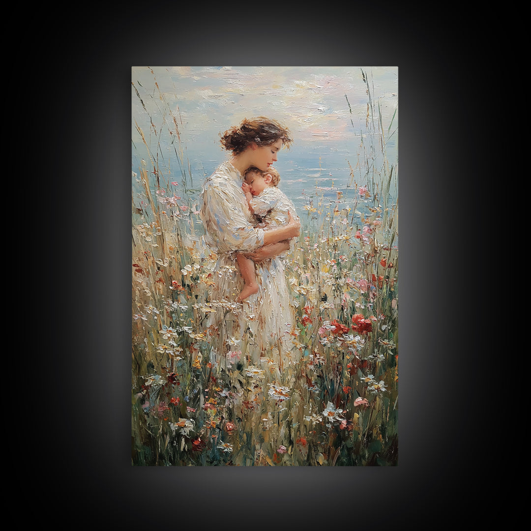 Tender Mother Holding Baby In Wildflower Meadow Wall Art, Impressionist Canvas Print For Nursery And Feminine Bedroom Decor