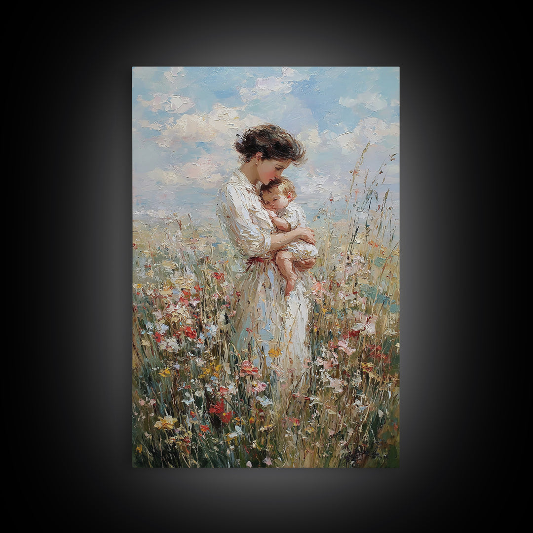 Mother And Baby In Blooming Meadow Framed Canvas Print, Soft Impressionist Wall Art For Nursery And Motherhood Home Decor