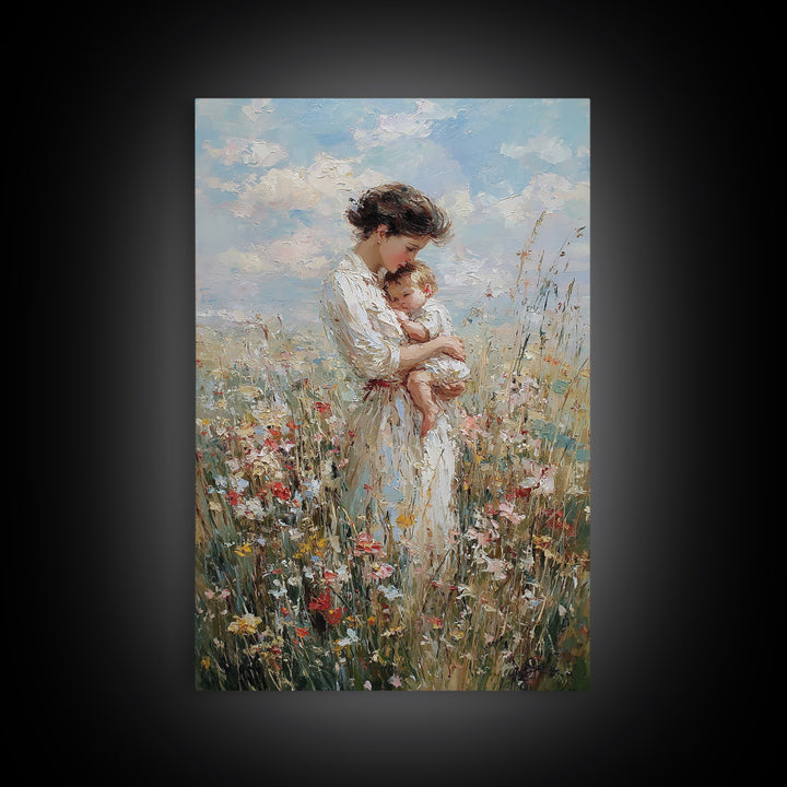 Mother And Baby In Blooming Meadow Framed Canvas Print, Soft Impressionist Wall Art For Nursery And Motherhood Home Decor