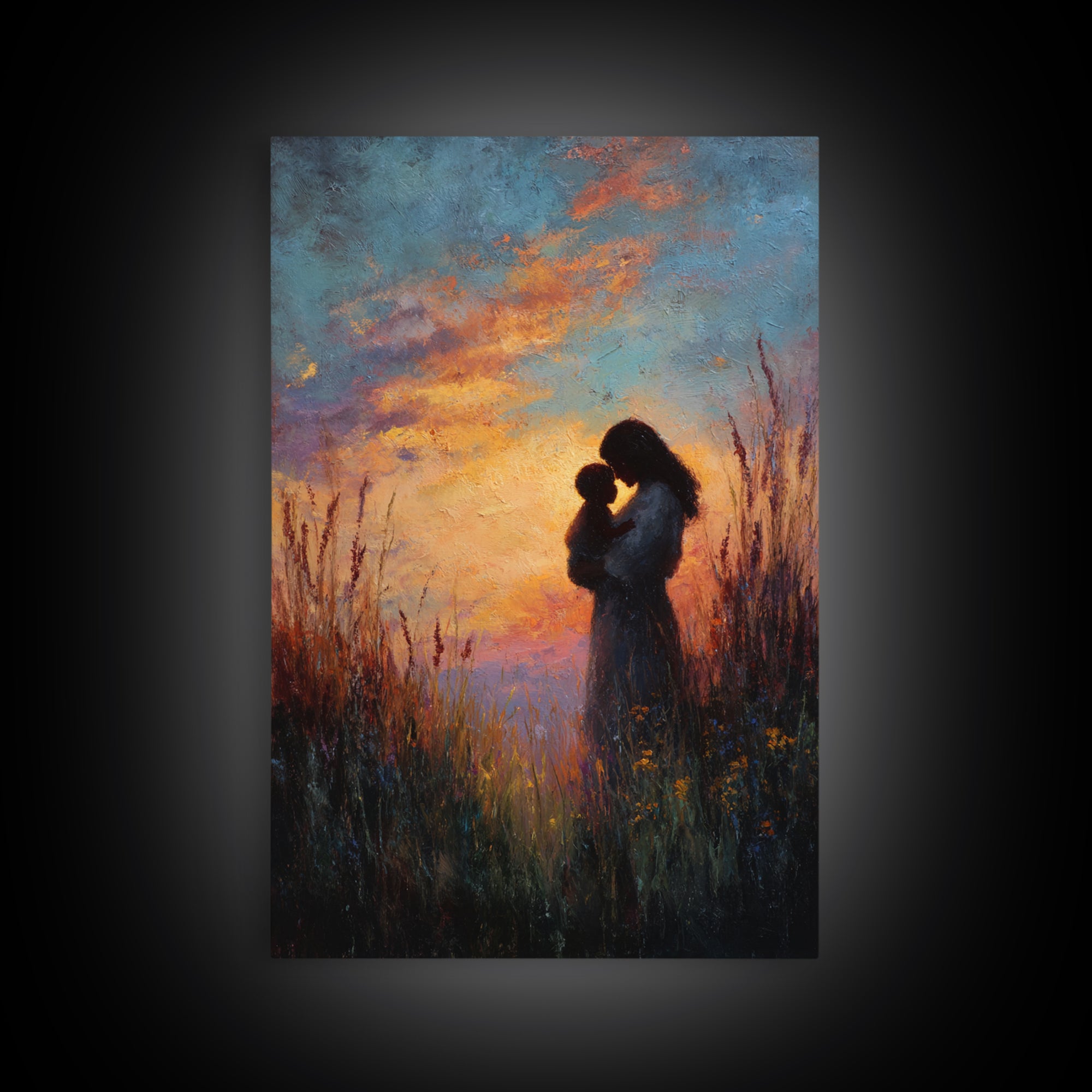 Sunset Silhouette Of Mother And Child In Meadow Wall Art, Moody Canvas Print For Nursery, Bedroom Decor, And Gift For Mom