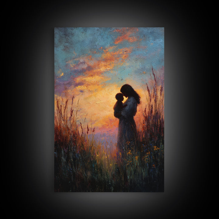 Sunset Silhouette Of Mother And Child In Meadow Wall Art, Moody Canvas Print For Nursery, Bedroom Decor, And Gift For Mom