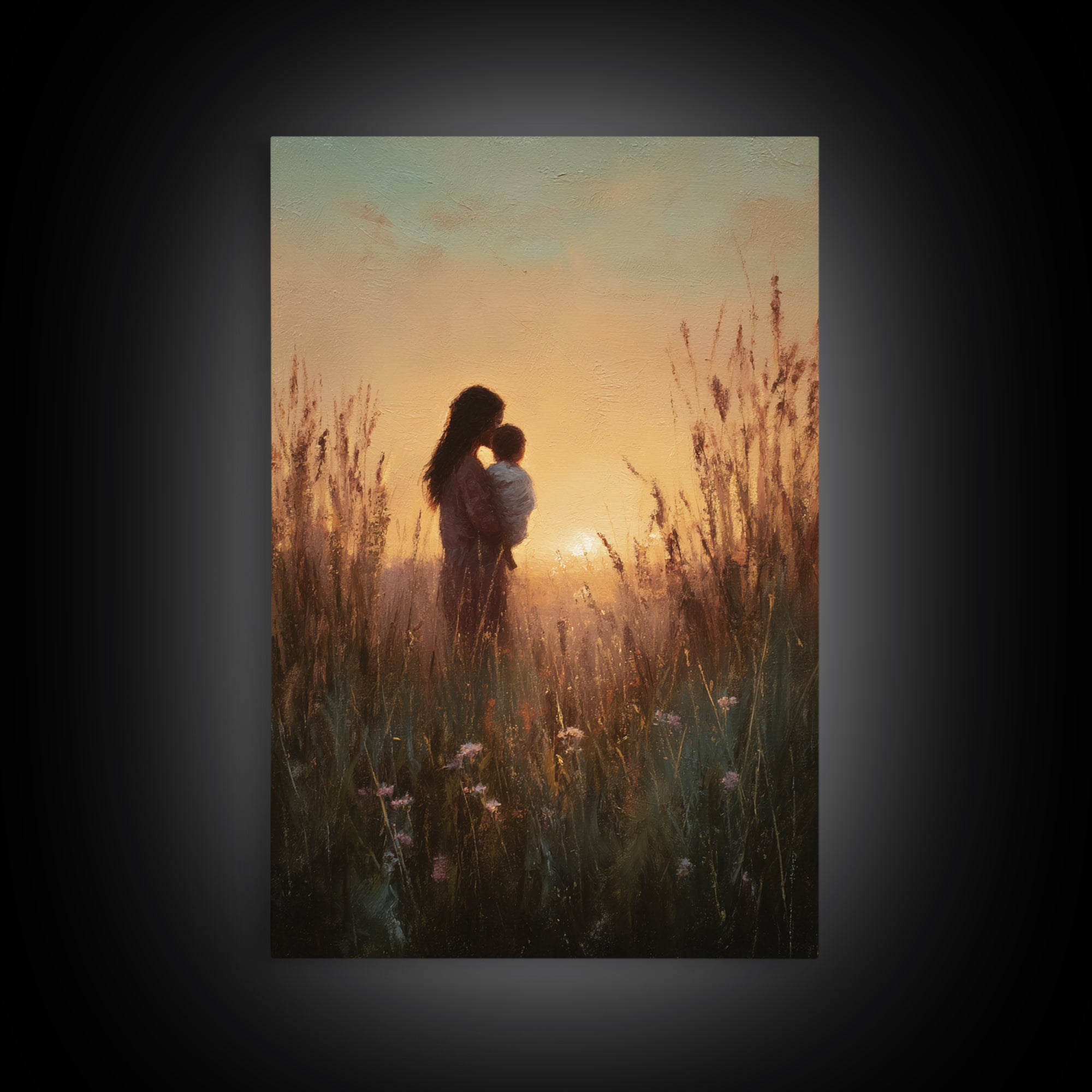 Golden Sunset Mother And Child Silhouette Canvas Print, Warm Meadow Wall Art For Nursery, Bedroom Decor, And Mothers Day Gift