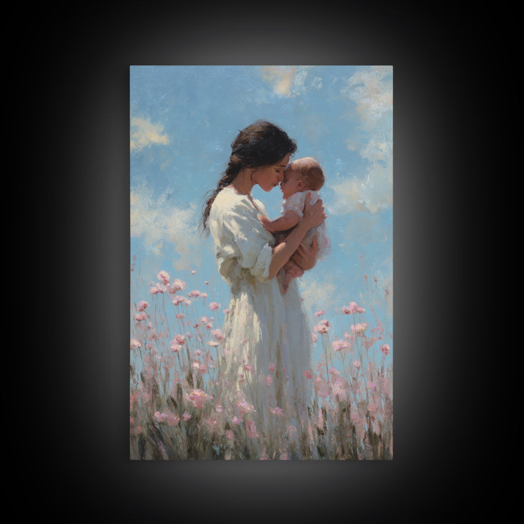 Mother And Baby Among Pink Wildflowers Wall Art, Soft Impressionist Canvas Print For Nursery Decor, Baby Shower Gift, Gift For Mom