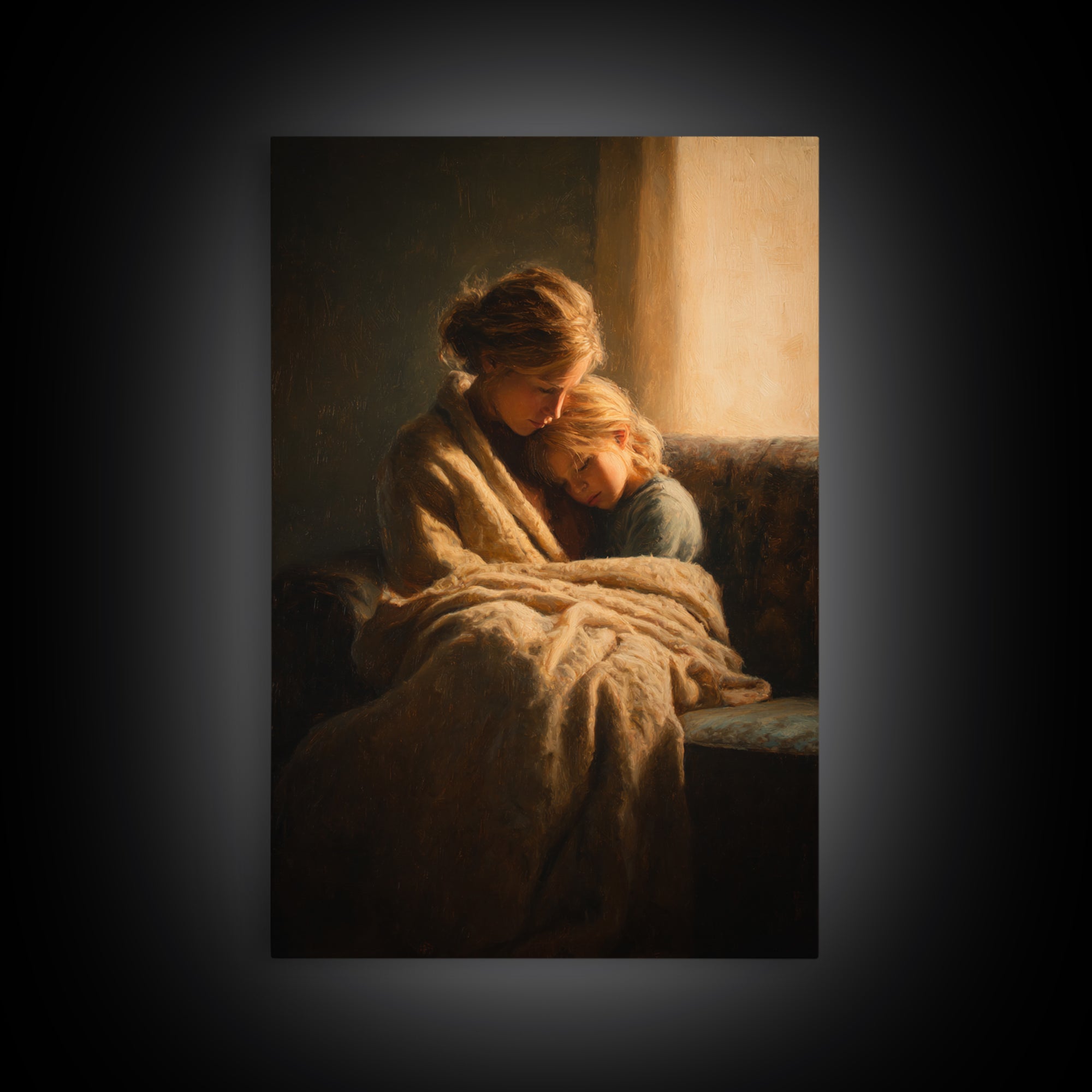 Cozy Mother And Daughter By Window Wall Art, Moody Impressionist Canvas Print For Bedroom Decor, Nursery Art, And Gift For Her