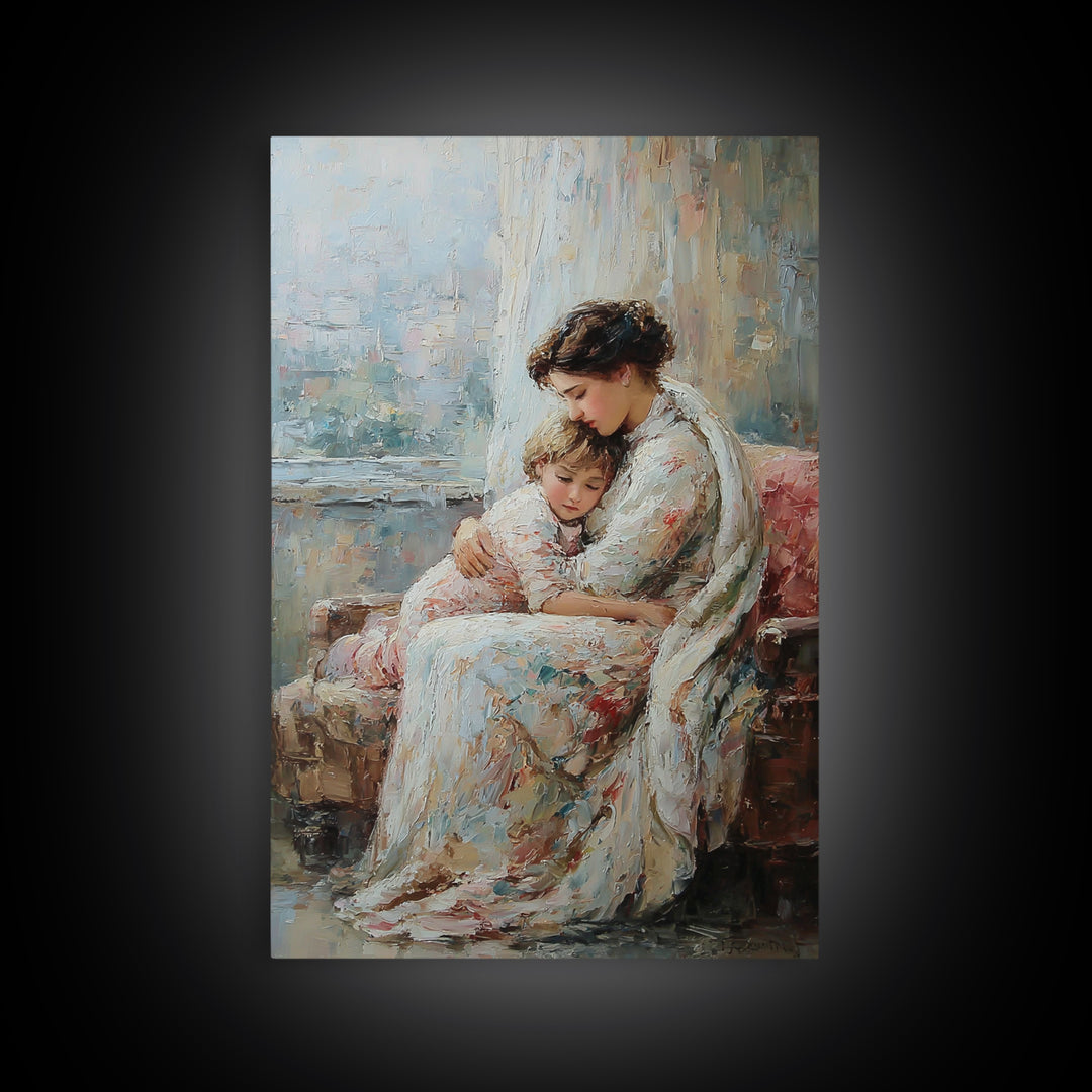 Mother And Child Resting On Floral Sofa Framed Canvas Print, Impressionist Wall Art For Living Room Decor And Gift For Mom
