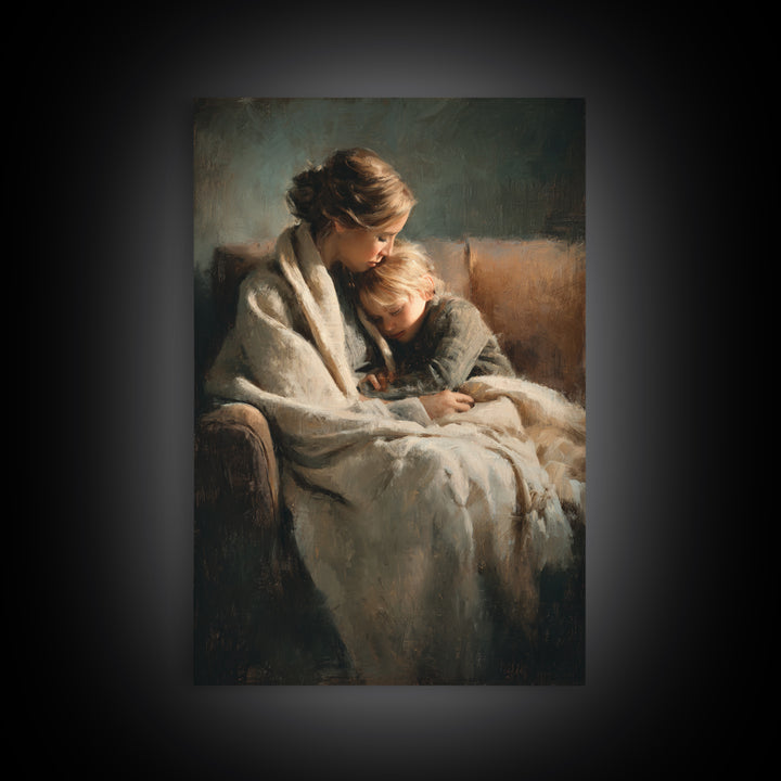 Moody Mother And Child Wrapped In Blanket Wall Art, Warm Impressionist Canvas Print For Bedroom Decor, Nursery, And Gift For Mom