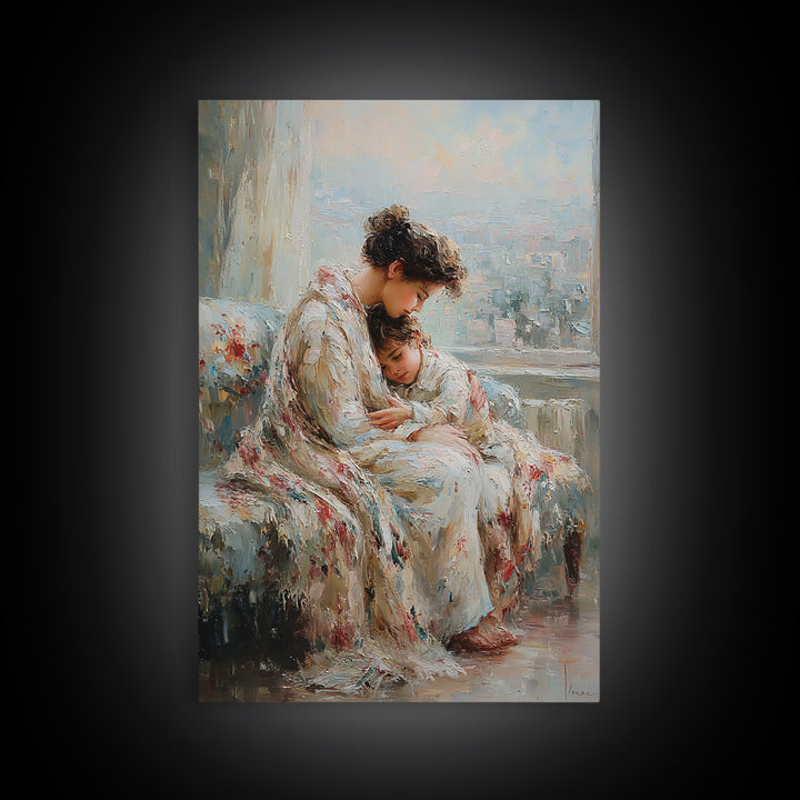 Mother And Child Cuddling By City Window Canvas Print, Soft Impressionist Wall Art For Bedroom Decor, Nursery, And Gift For Her