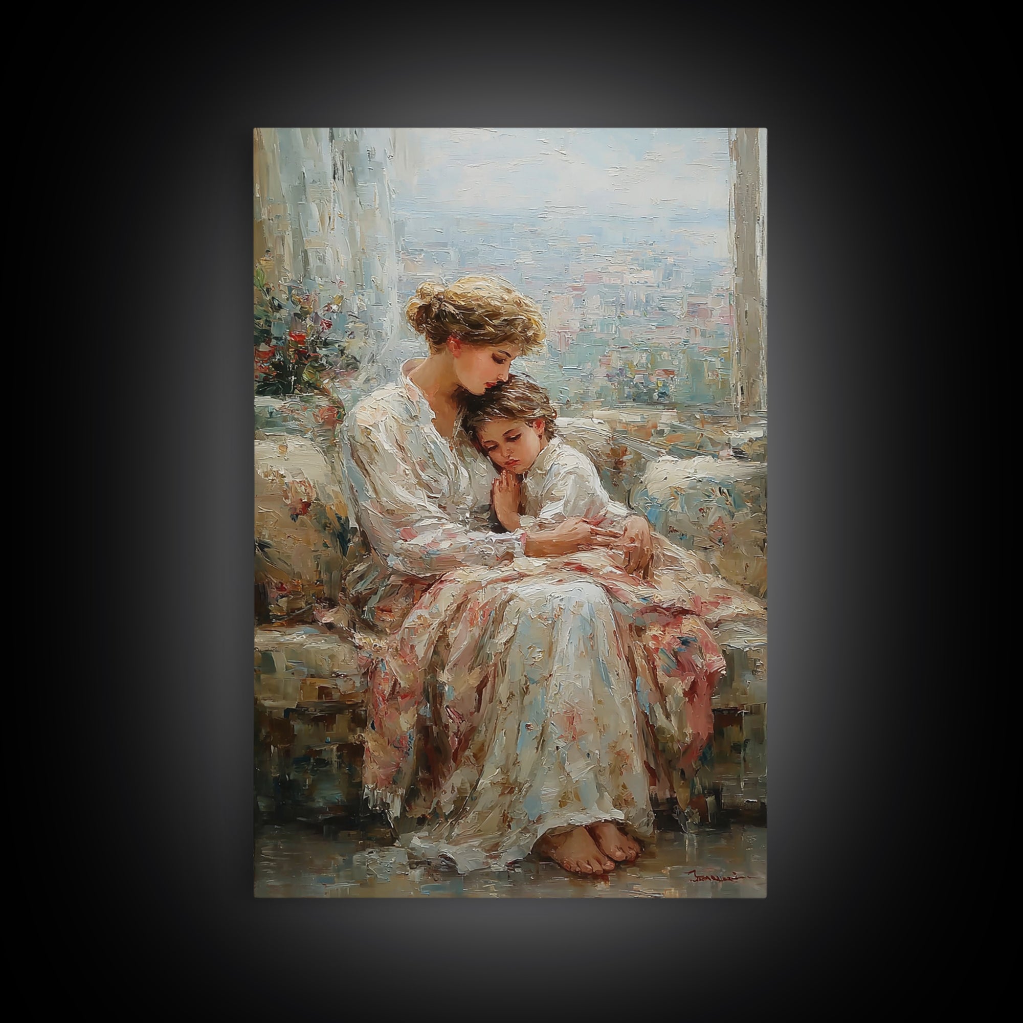 Mother And Child By Bright Window Wall Art, Textured Impressionist Canvas Print For Living Room Decor, Nursery, And Gift For Mom