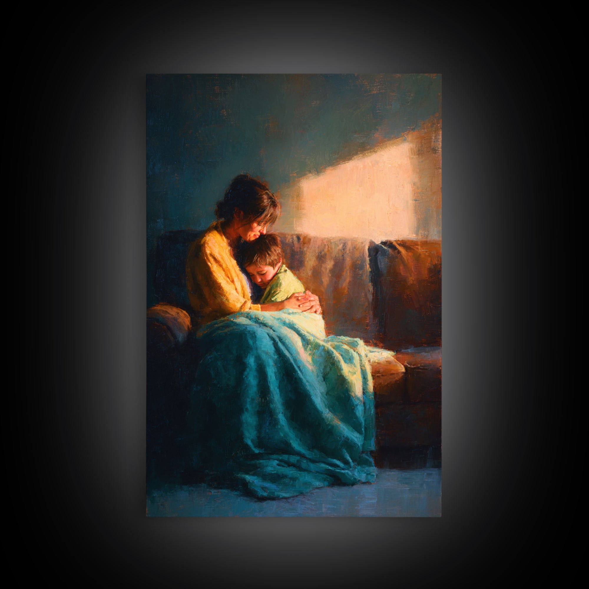 Mother And Child In Sunlit Embrace Wall Art, Impressionist Oil Painting Print, Cozy Nursery Decor, Gift For Mom, Living Room Decor
