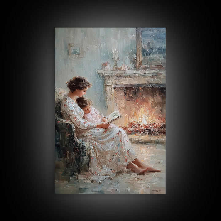 Mother And Child Reading Beside Elegant Fireplace Canvas Print, Impressionist Wall Art, Cozy Bedroom Decor, Gift For Mom
