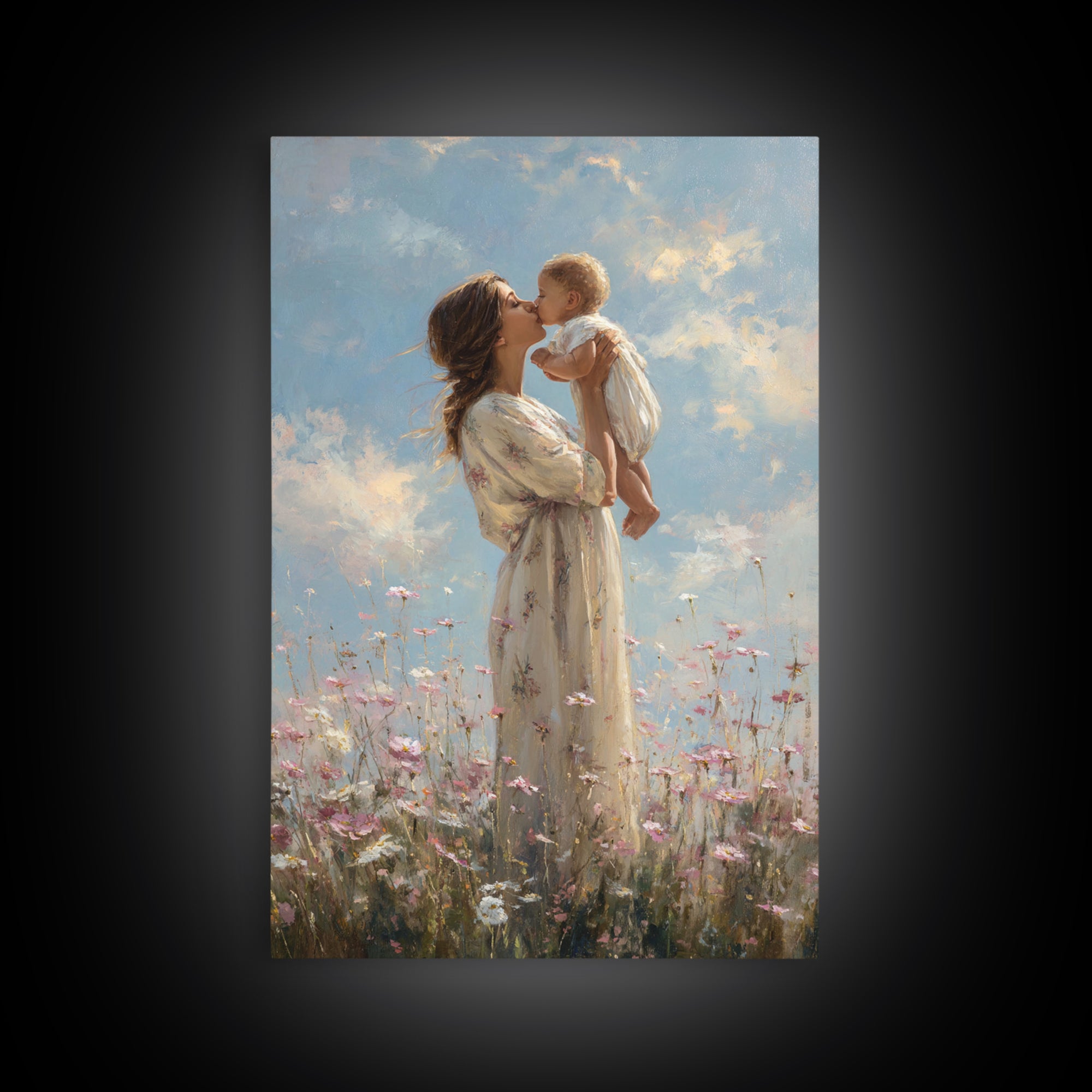 Mother Kissing Baby In Wildflower Meadow Wall Art, Impressionist Oil Painting, Feminine Nursery Decor, Gift For Mom Print