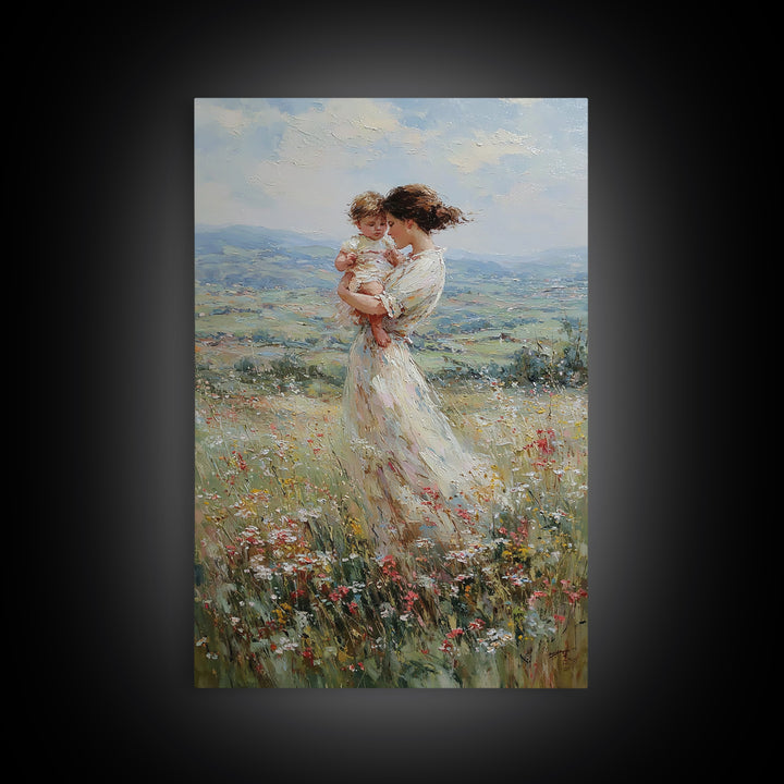 Mother Holding Baby In Windy Wildflower Valley Wall Art, Impressionist Landscape Painting, Feminine Nursery Decor, Gift For Mom