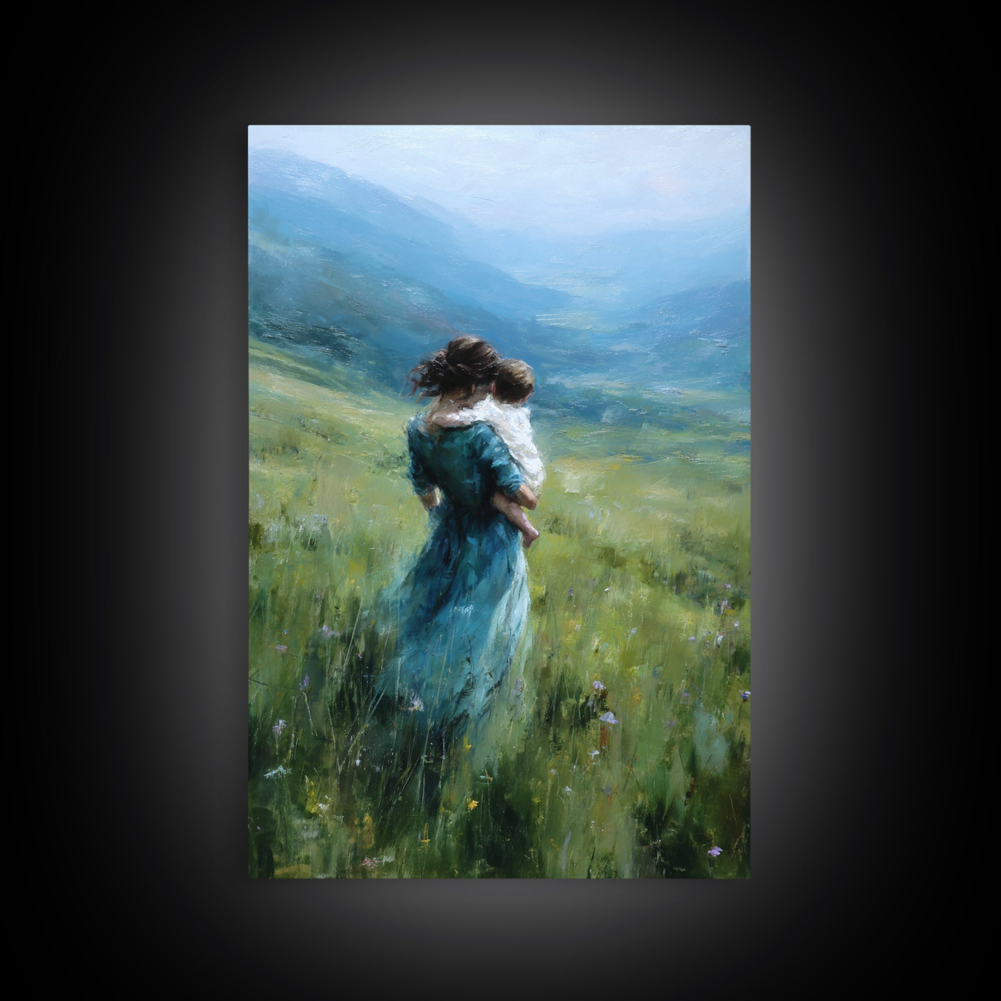 Mother And Child Embracing In Blue Mountain Meadow Canvas Print, Calming Landscape Wall Art, Nature Decor, Gift For Mom Print