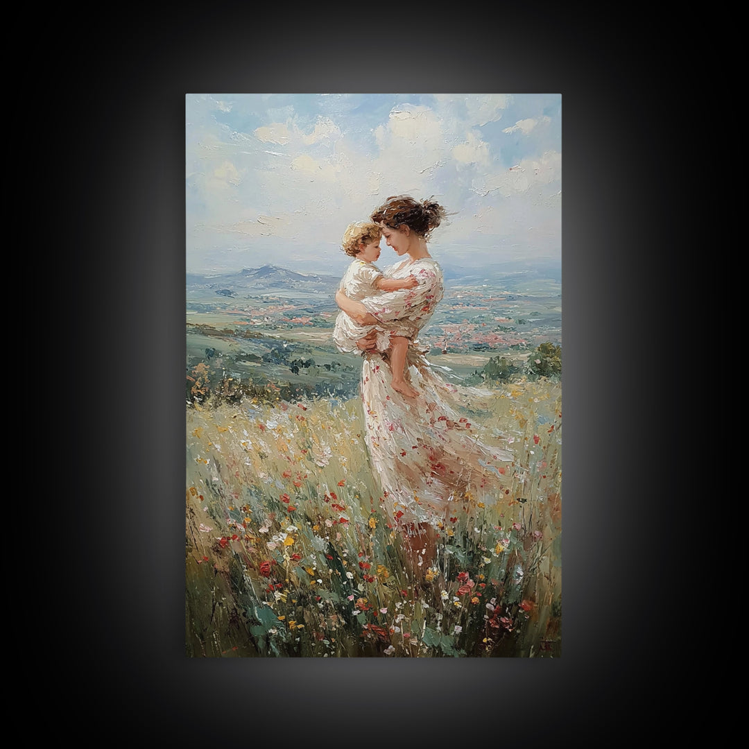 Mother And Toddler In Flower Meadow Wall Art, Impressionist Landscape Painting, Feminine Nursery Decor, Gift For Mom Art Print