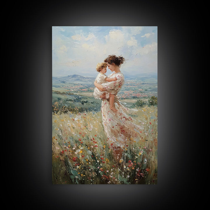 Mother And Toddler In Flower Meadow Wall Art, Impressionist Landscape Painting, Feminine Nursery Decor, Gift For Mom Art Print