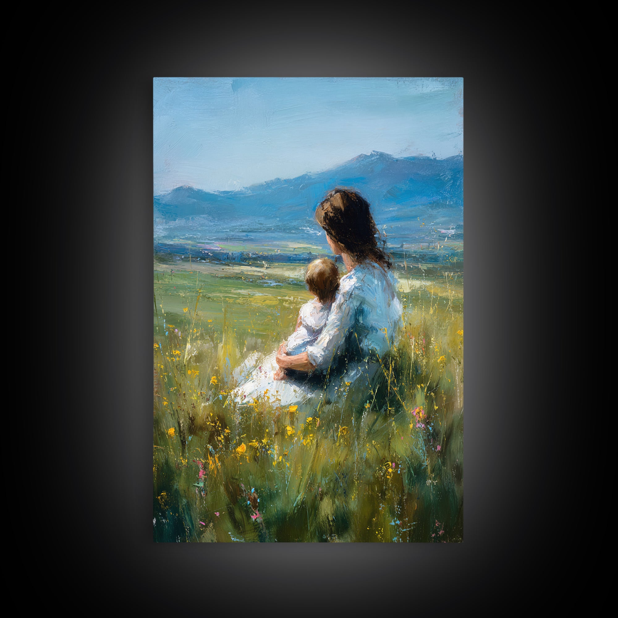 Mother And Child In Wildflower Meadow Canvas Print, Blue Mountain Landscape Wall Art, Nursery Decor, Mothers Day Gift, Home Decor