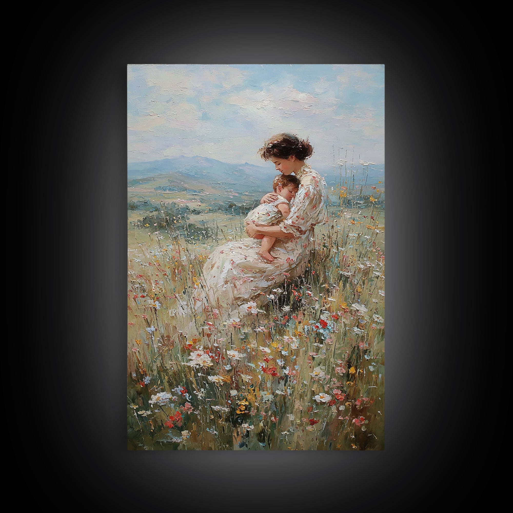 Nursing Mother And Baby In Floral Meadow Framed Canvas Print, Impressionist Landscape Wall Art, Nursery Decor, Gift For Her