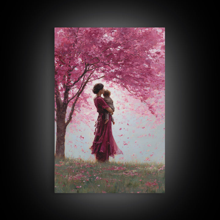 Mother And Toddler Under Pink Cherry Blossoms Wall Art, Romantic Floral Canvas Print, Feminine Decor, Mothers Day Gift, Nursery Decor