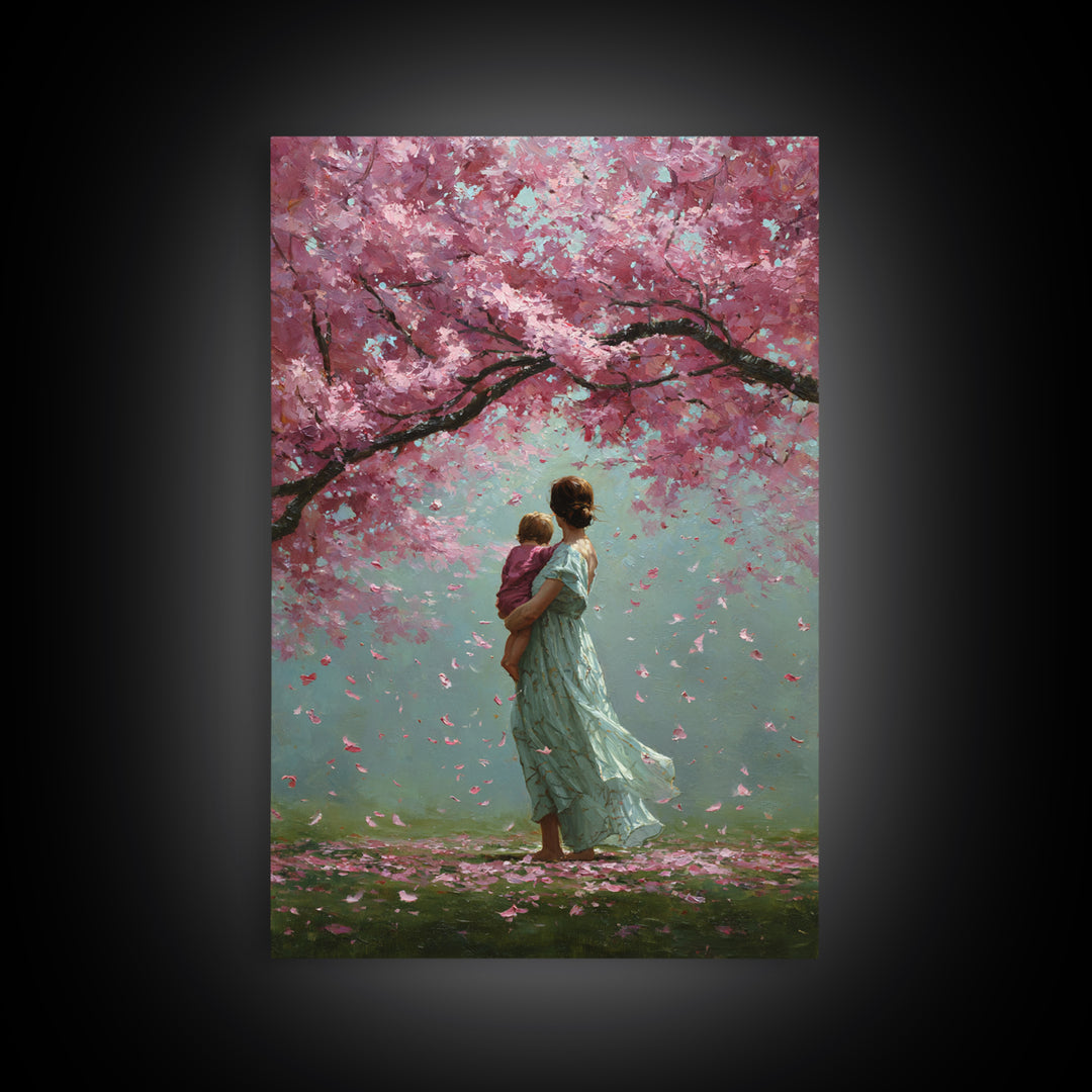 Mother And Child Beneath Cherry Blossom Canopy Canvas Print, Pink Floral Wall Art, Romantic Nursery Decor, Gift For Her, Home Decor