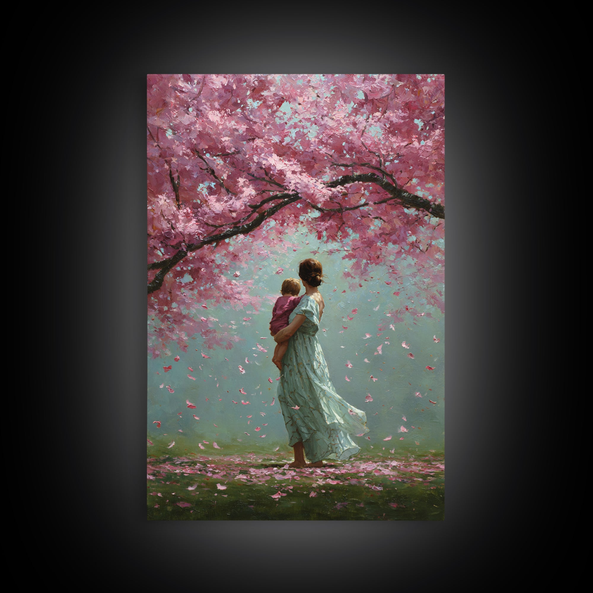 Mother And Child Beneath Cherry Blossom Canopy Canvas Print, Pink Floral Wall Art, Romantic Nursery Decor, Gift For Her, Home Decor