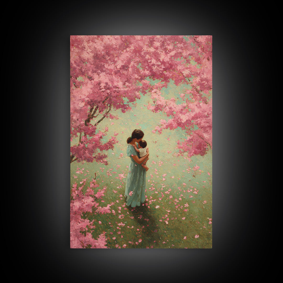 Mother Embracing Baby In Pink Blossom Garden Framed Canvas Print, Floral Wall Art, Feminine Nursery Decor, Mothers Day Gift