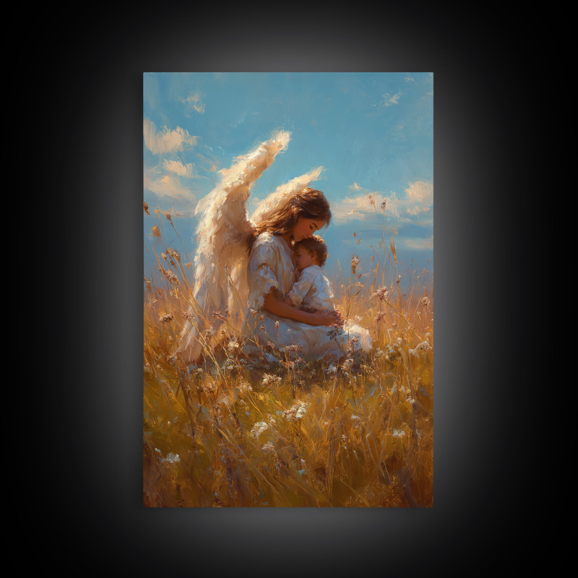 Guardian Angel Mother Holding Baby In Golden Wheat Field Canvas Print, Christian Wall Art, Nursery Decor, Mothers Day Gift