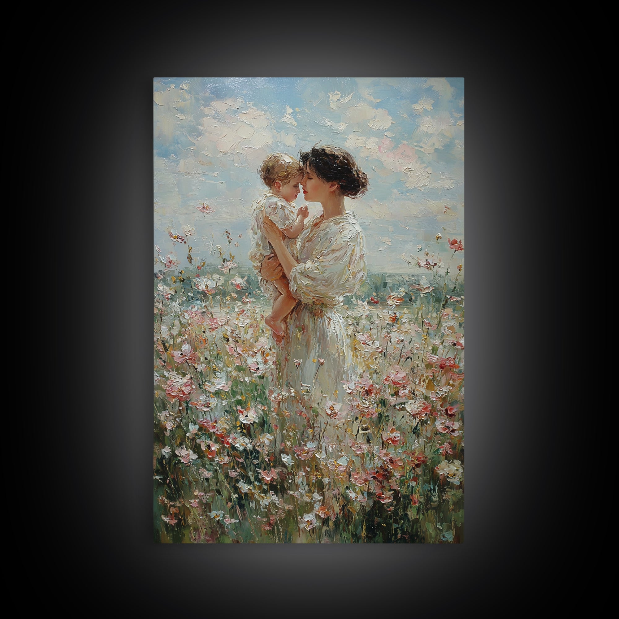 Mother And Baby Among White Wildflowers Framed Canvas Print, Impressionist Floral Wall Art, Nursery Decor, Gift For Her, Mothers Day Gift