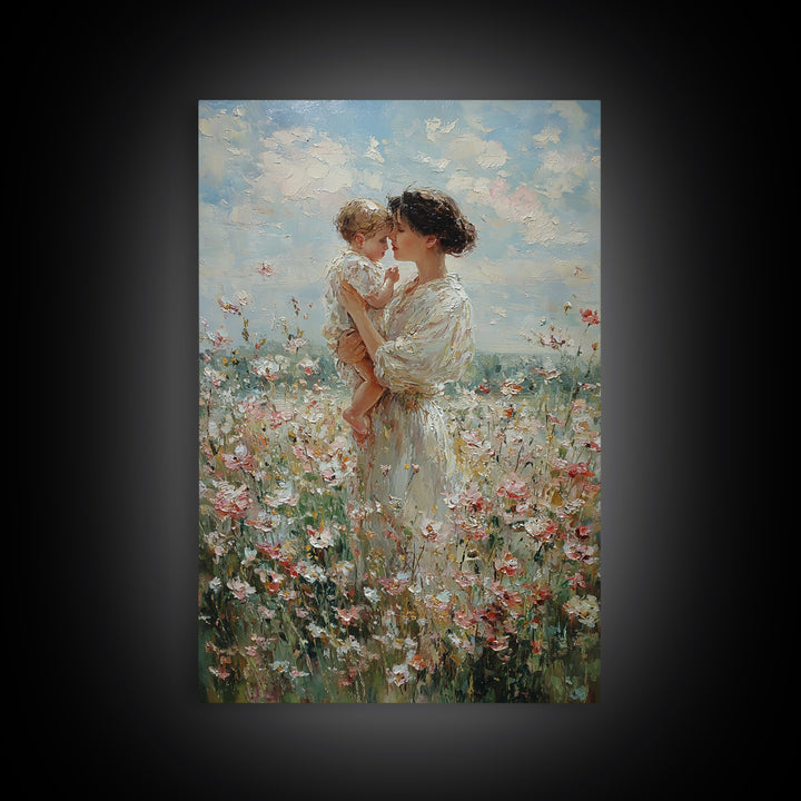 Mother And Baby Among White Wildflowers Framed Canvas Print, Impressionist Floral Wall Art, Nursery Decor, Gift For Her, Mothers Day Gift