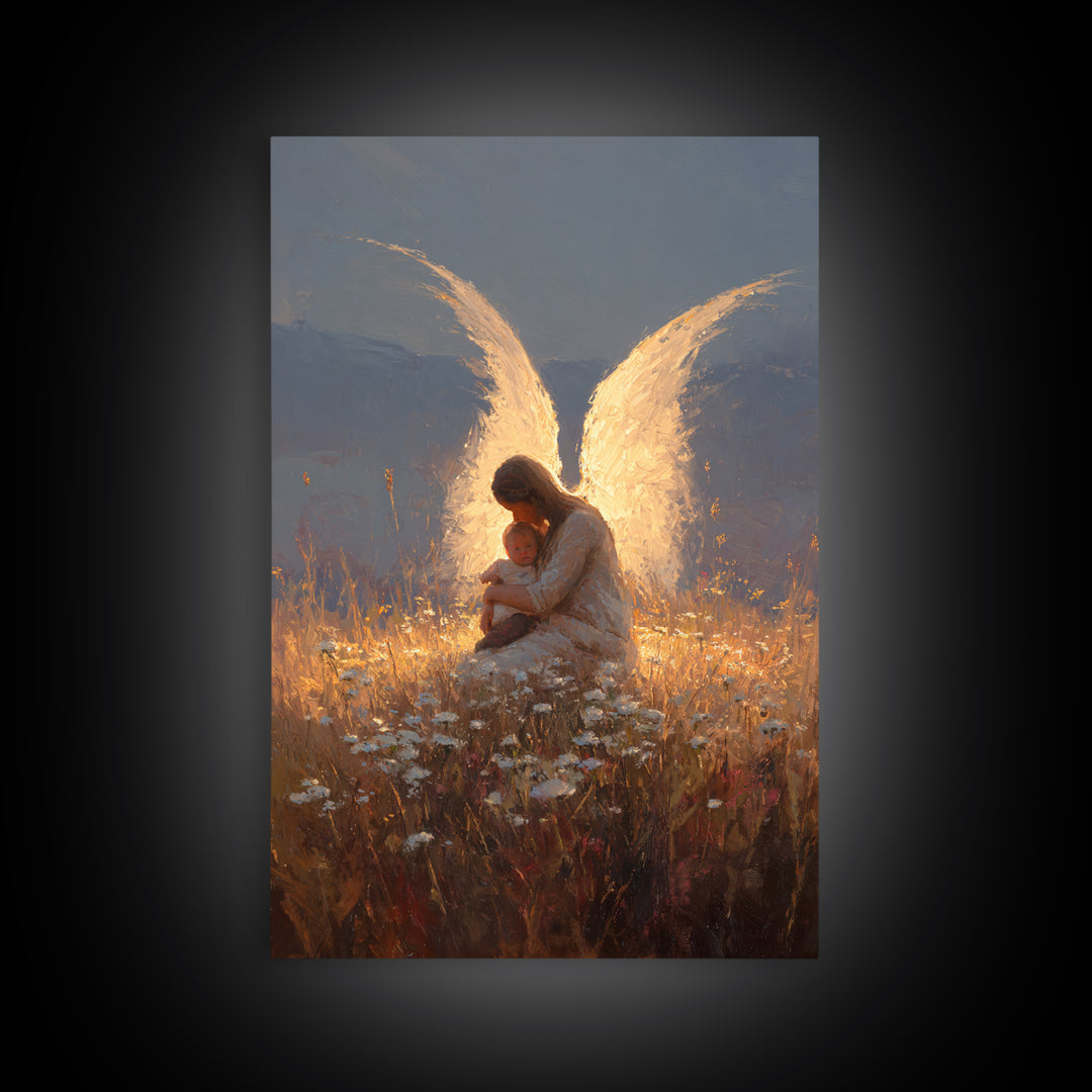 Glowing Guardian Angel With Baby In Twilight Meadow Canvas Print, Christian Wall Art, Spiritual Decor, Nursery Decor, Gift For Her