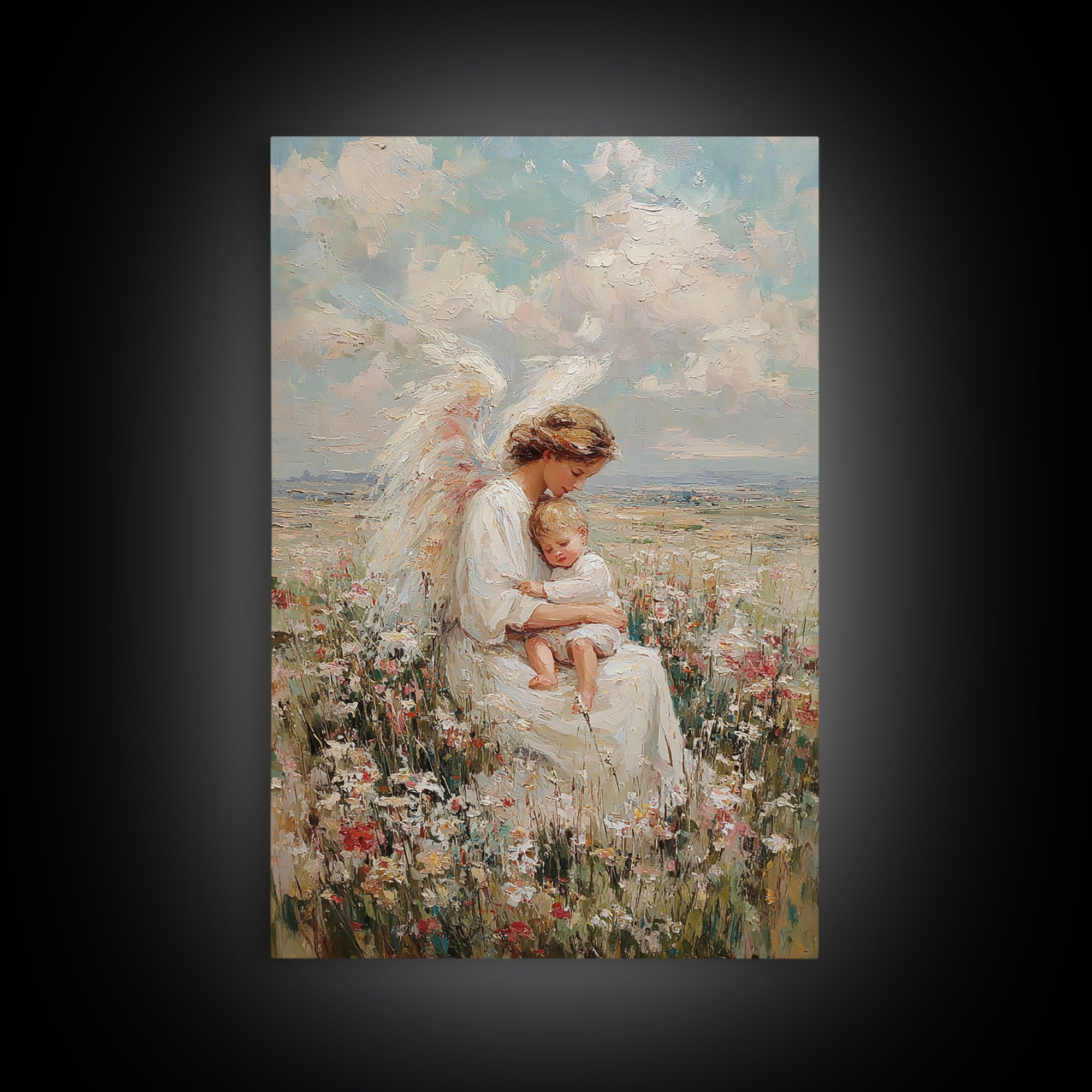 Angel Mother Holding Sleeping Child In Wildflower Meadow Framed Canvas Print, Christian Wall Art, Nursery Decor, Gift For Her