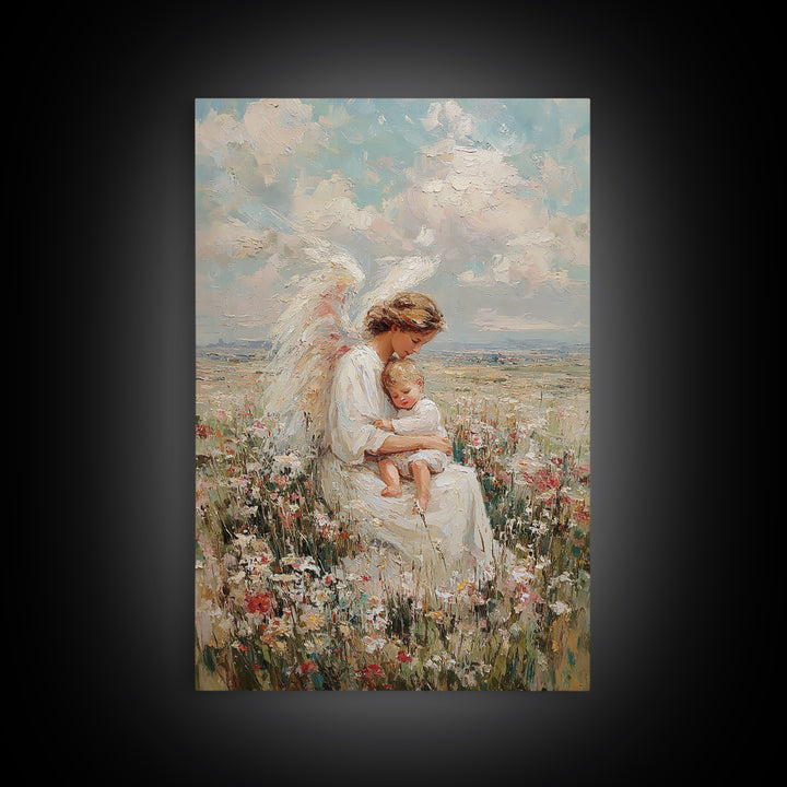 Angel Mother Holding Sleeping Child In Wildflower Meadow Framed Canvas Print, Christian Wall Art, Nursery Decor, Gift For Her