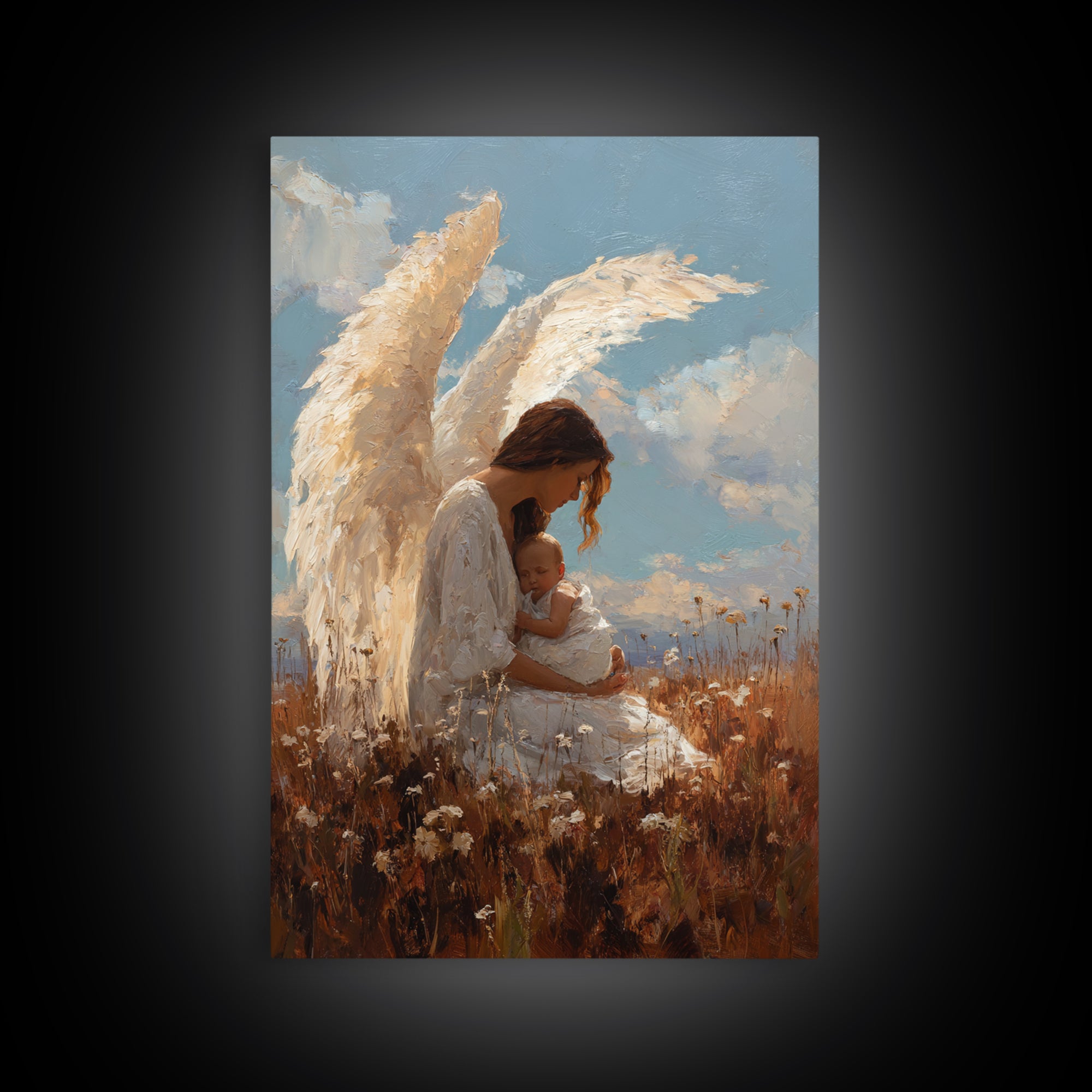 Guardian Angel Mother Cradling Baby In Golden Meadow Canvas Print, Christian Wall Art, Nursery Decor, Mothers Day Gift, Home Decor