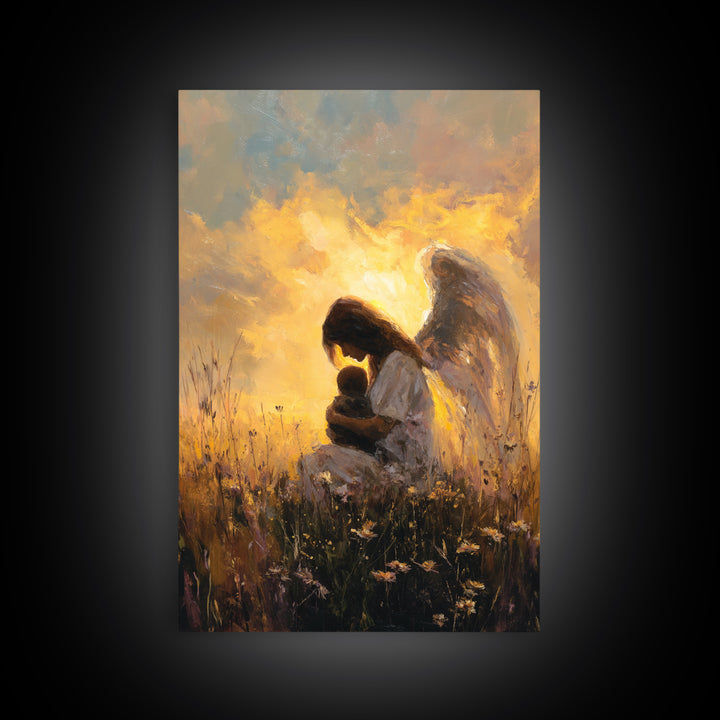 Golden Guardian Angel With Child Wall Art, Christian Nursery Decor, Spiritual Canvas, Angel Painting, Gift For Mom, Living Room Decor