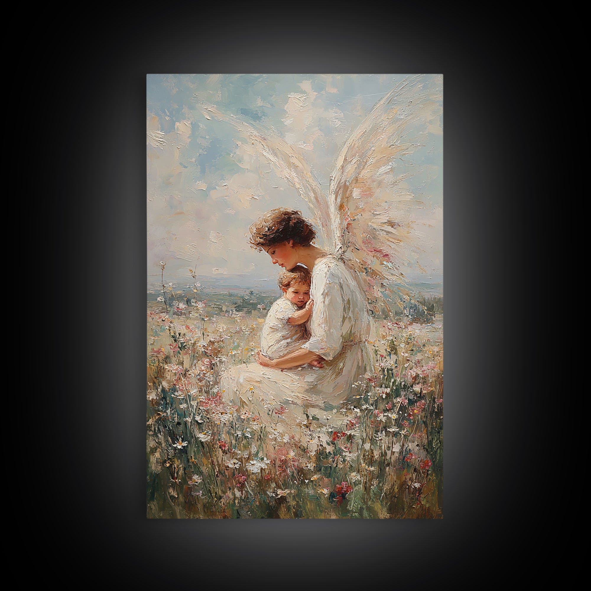 Serene Angel Holding Child Canvas Print, Christian Wall Art, Nursery Wall Decor, Spiritual Gift, Fine Art Print, Home Decor