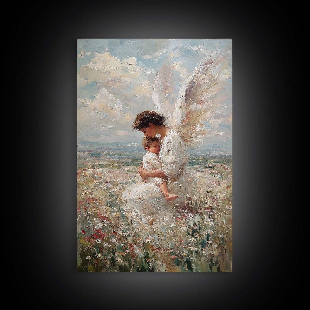 White Winged Angel And Child Framed Canvas Print, Christian Nursery Art, Guardian Angel Wall Decor, Religious Gift For Baby