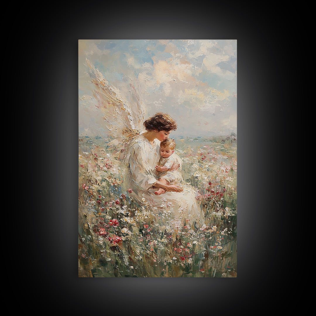 Motherly Angel With Baby In Wildflowers Wall Art, Christian Nursery Decor, Guardian Angel Print, Baptism Gift For Mom And Baby