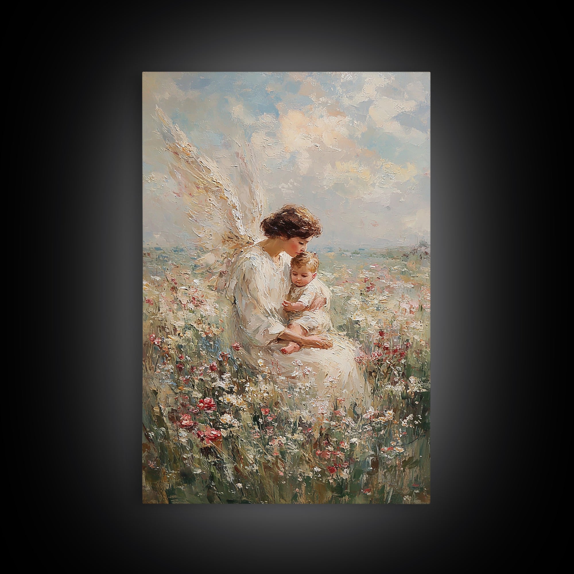 Motherly Angel With Baby In Wildflowers Wall Art, Christian Nursery Decor, Guardian Angel Print, Baptism Gift For Mom And Baby