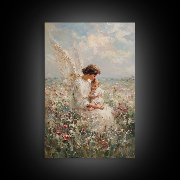 Motherly Angel With Baby In Wildflowers Wall Art, Christian Nursery Decor, Guardian Angel Print, Baptism Gift For Mom And Baby