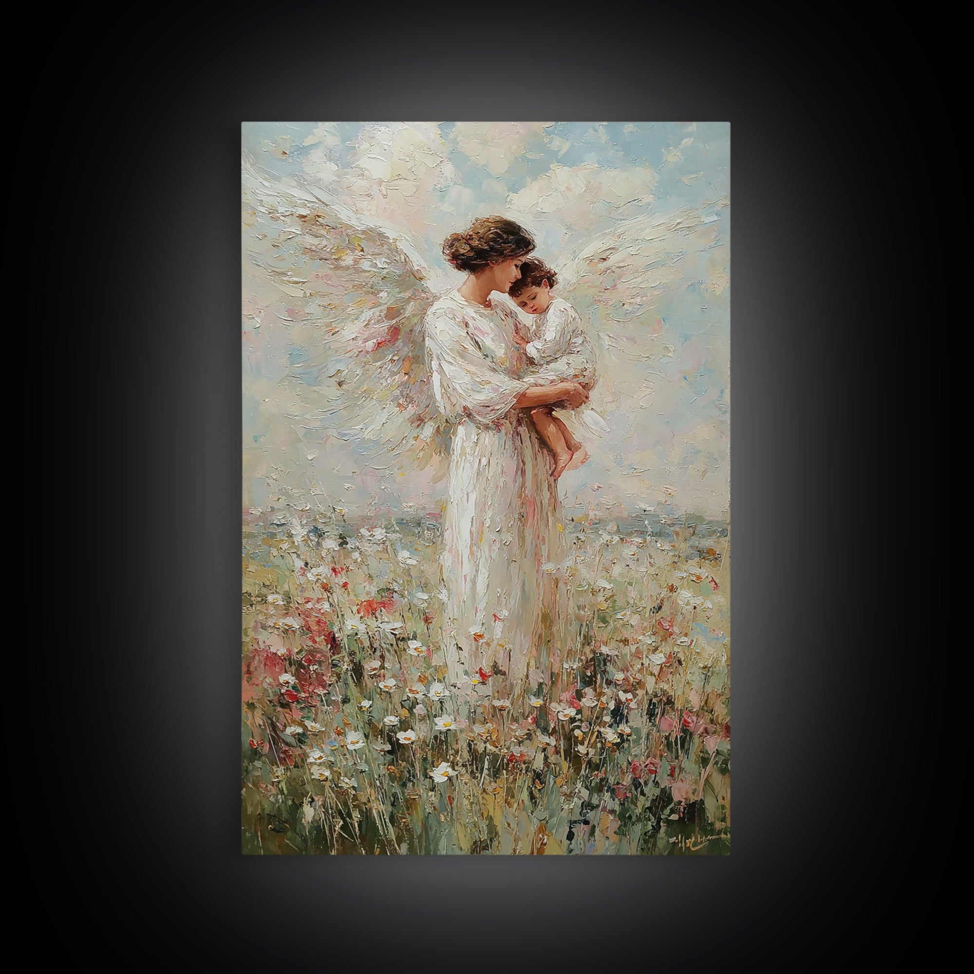 Standing Guardian Angel Holding Baby Canvas Print, Christian Wall Art, Nursery Decor, Spiritual Gift, Floral Meadow Art Print