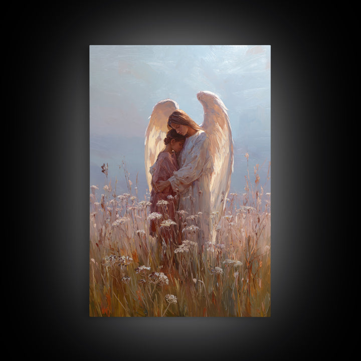 Sunlit Angel Embracing Child Wall Art, Christian Nursery Decor, Guardian Angel Canvas, Spiritual Home Decor, Gift For Her